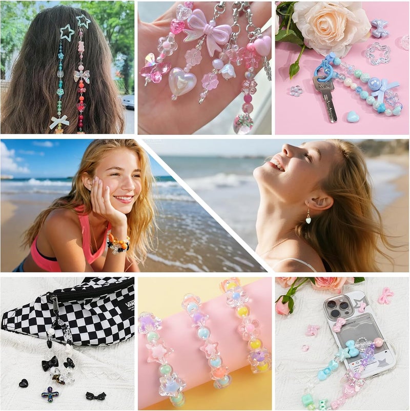 Sunlode 400-450PCS Acrylic Beads for Bracelet Making, Assorted 6 Colors Cute Beads, Flower Bow Candy Bear Kawaii Bracelet Charms for Jewelry Making, Necklace Keychains Phone Charms DIY Crafts Gifts - Image 5